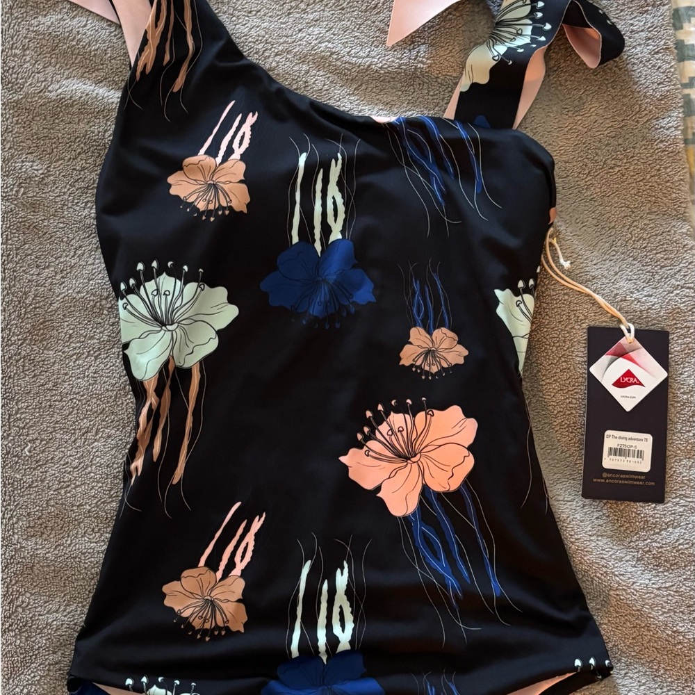 ANCORA the diving adventure Black and Pink Leaf Print Swimsuit S new with tags